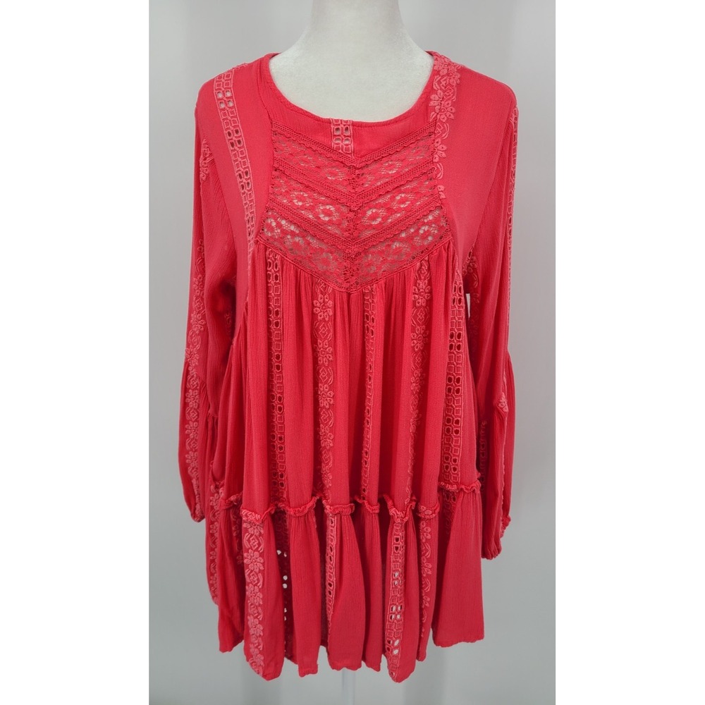 Free People Babydoll Oversized Embroidered Tunic XS Lace Crochet Tiered Boho